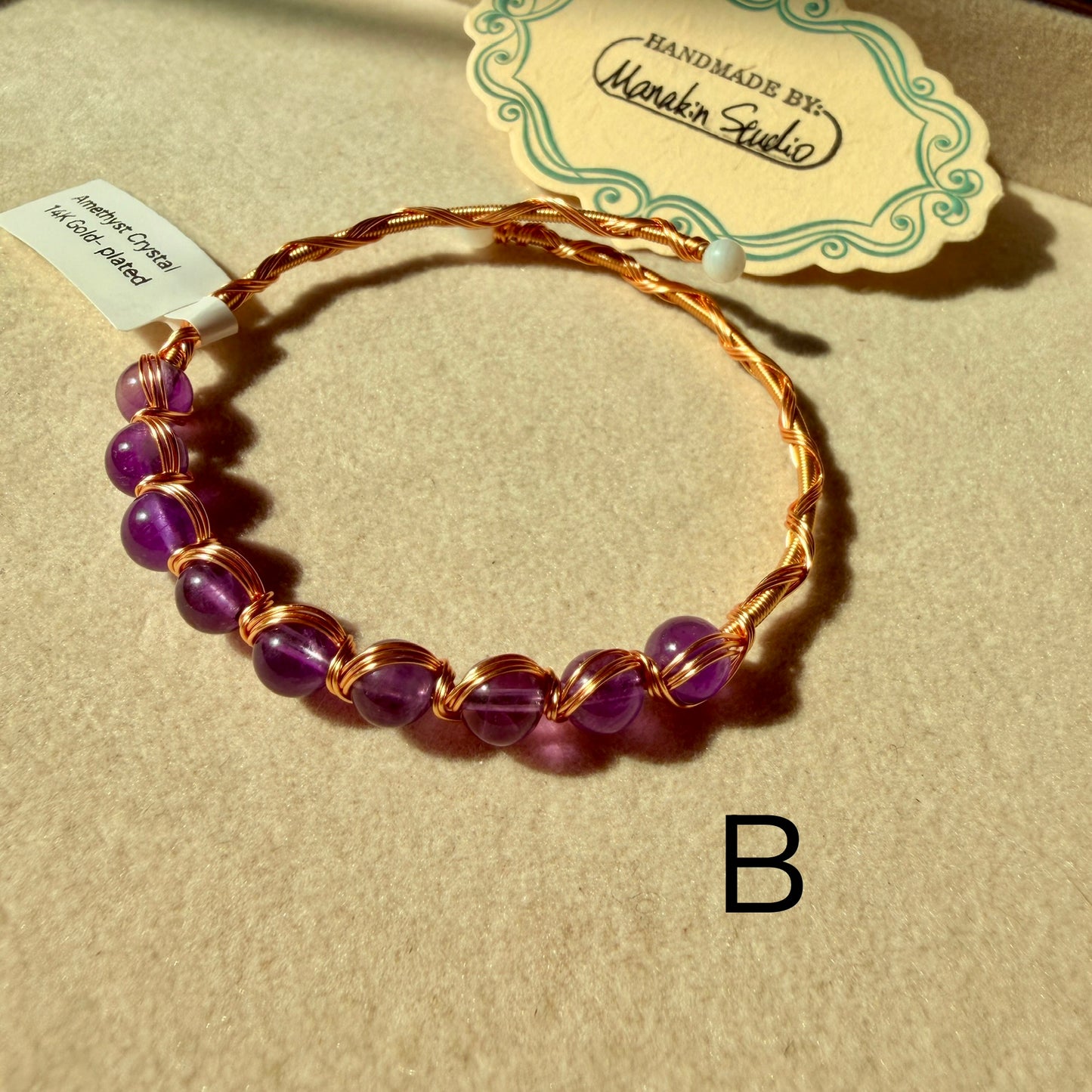 Handmade Natural Amethyst Wire Wrapped Bangle | 14K Gold Plated Gemstone Bracelet