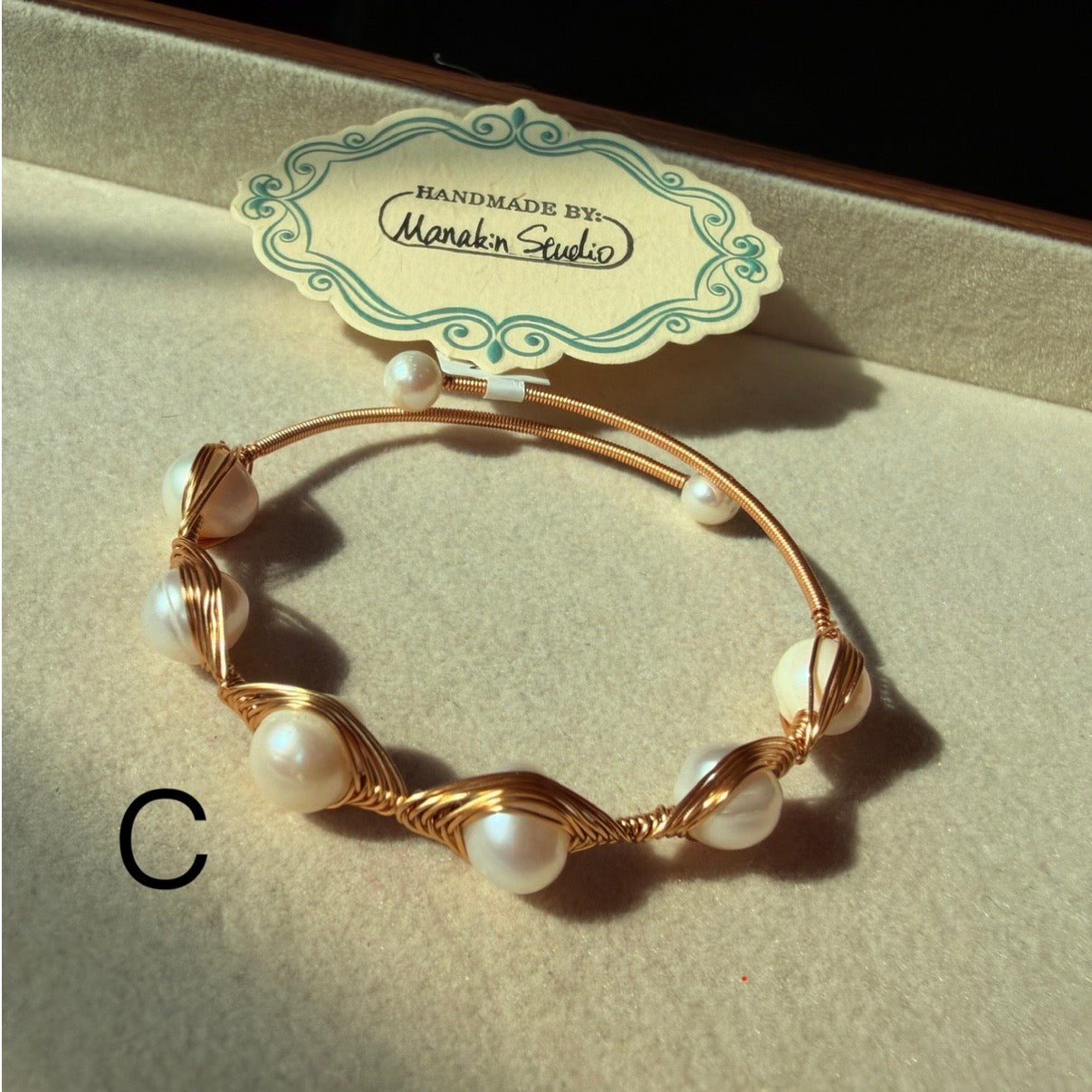 Handmade Freshwater Pearl Wire Wrapped Bangle With 14K Gold Plated Bracelet
