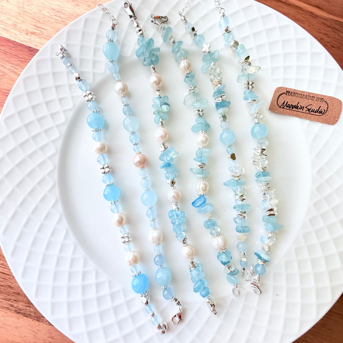Handmade Natural Aquamarine Bracelet with Freshwater Baroque Pearls, Silver-Plated Gemstone Beaded Bracelet