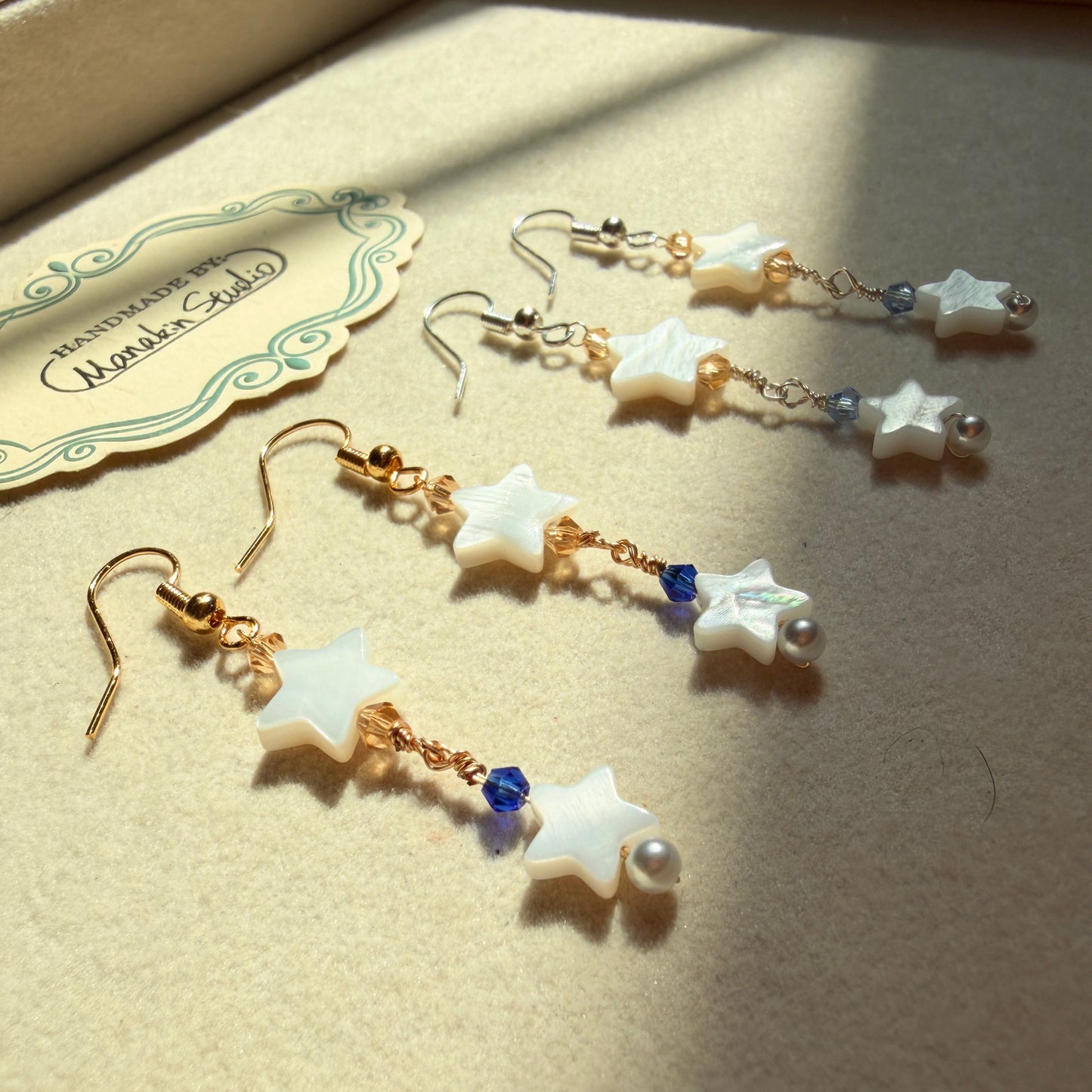 Handmade Mother of Pearl Crescent Star Dangle Earrings