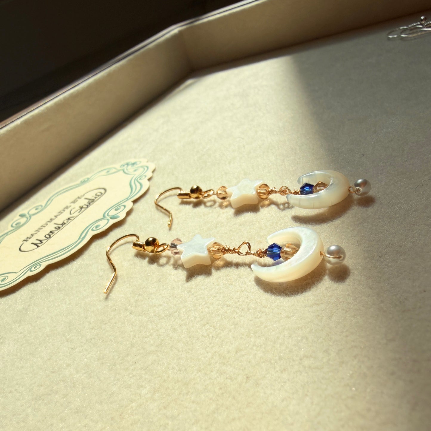 Handmade Mother of Pearl Crescent Moon & Star Dangle Earrings