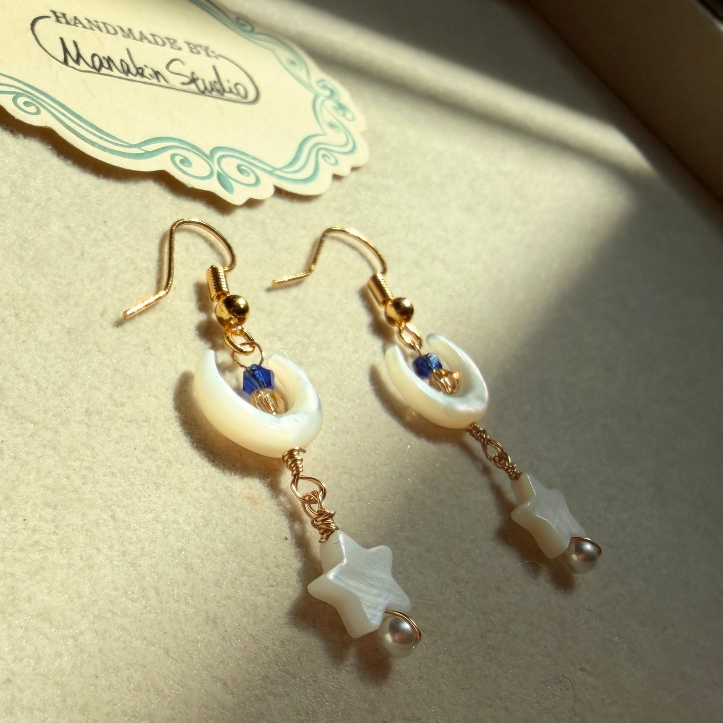 Handmade Mother of Pearl Crescent Moon & Star Dangle Earrings