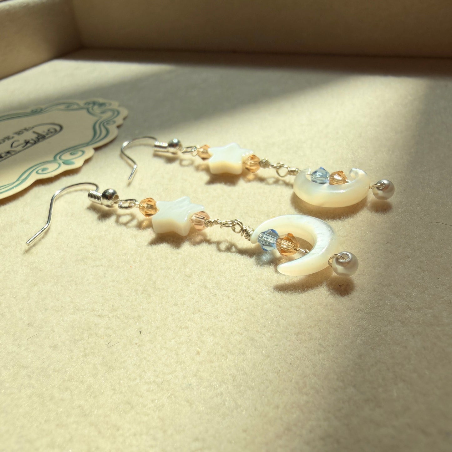 Handmade Mother of Pearl Crescent Moon & Star Dangle Earrings