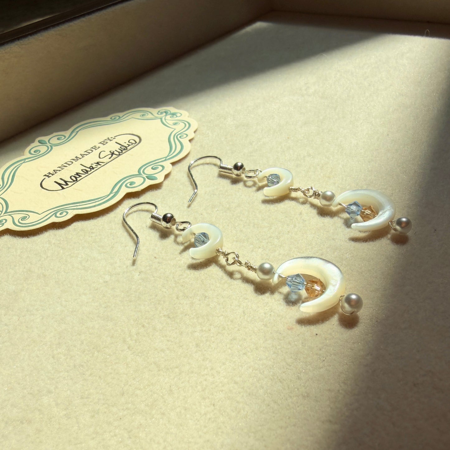 Handmade Mother of Pearl Crescent Moon & Star Dangle Earrings