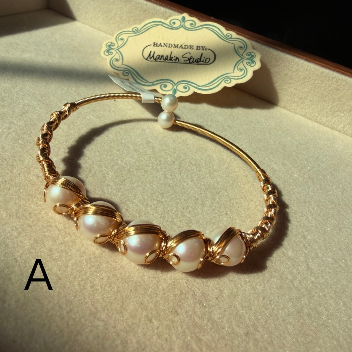 Handmade Freshwater Pearl Wire Wrapped Bangle With 14K Gold Plated Bracelet