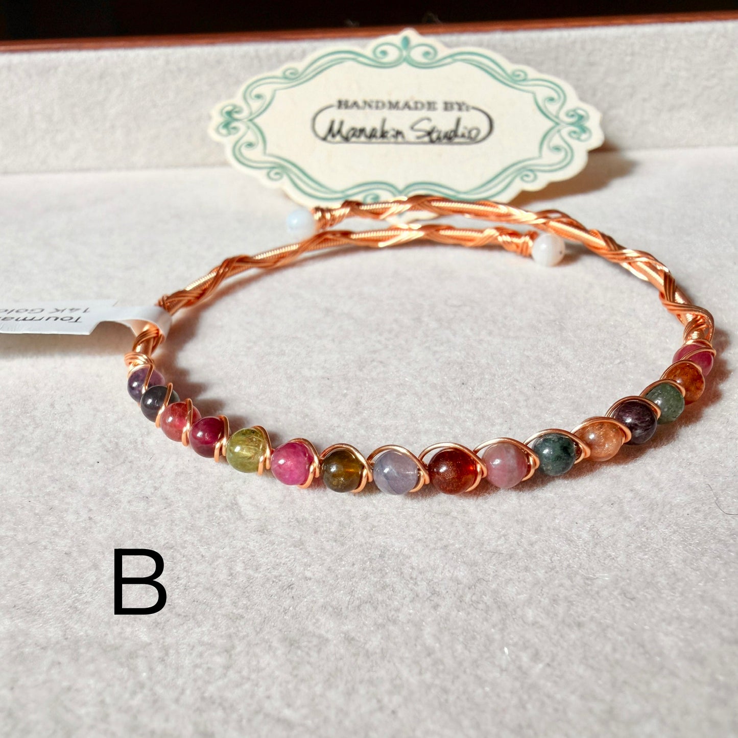 Handmade Natural Tourmaline Wire Wrapped Bangle | 14K Gold Plated Gemstone Bracelet