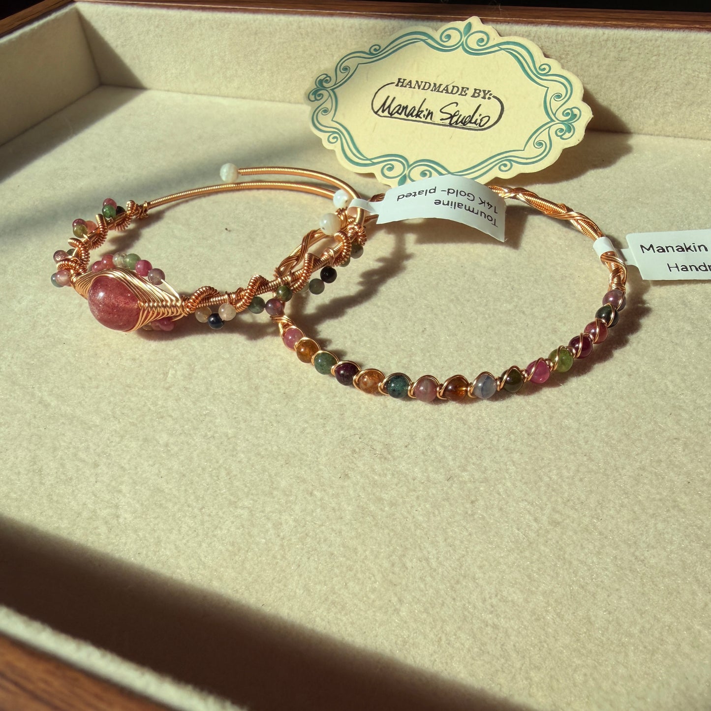 Handmade Natural Tourmaline Wire Wrapped Bangle | 14K Gold Plated Gemstone Bracelet