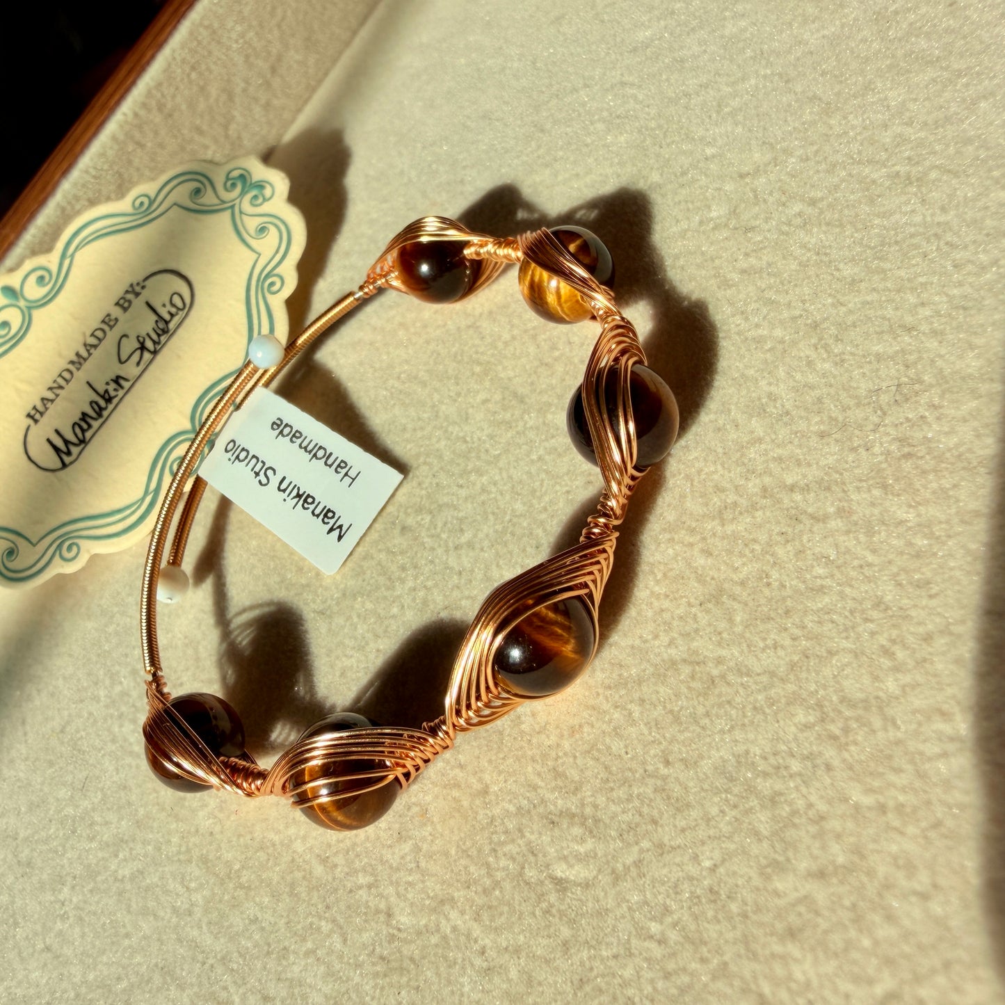 Handmade Natural Tiger Eye Wire Wrapped Bangle | 14K Gold Plated Gemstone Bracelet