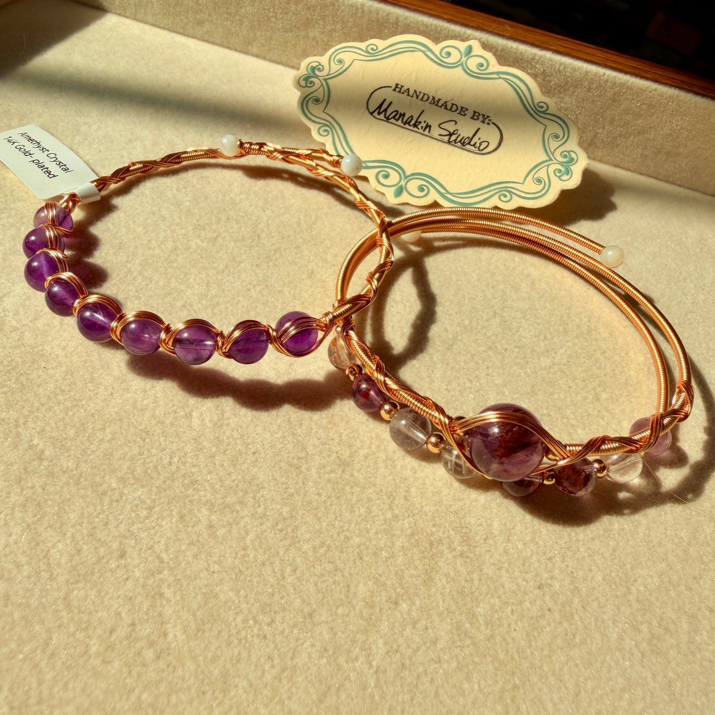 Handmade Natural Amethyst Wire Wrapped Bangle | 14K Gold Plated Gemstone Bracelet