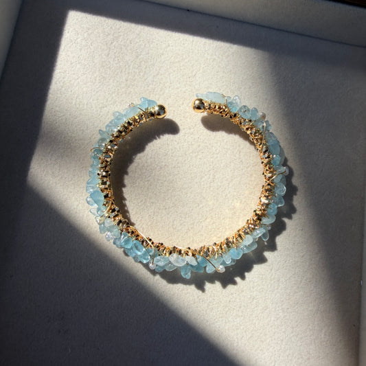 Handmade Aquamarine Wire-Wrapped Cuff Bracelet - 14K Gold Plated