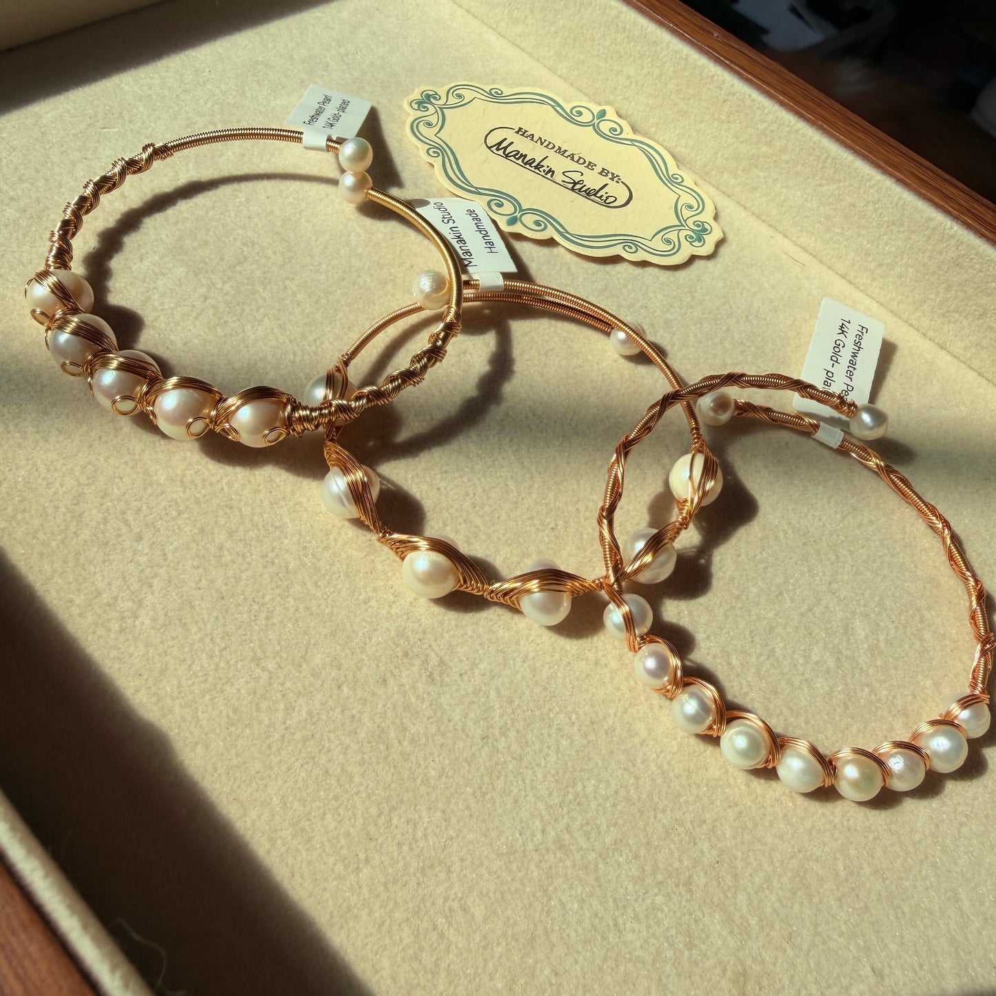 Handmade Freshwater Pearl Wire Wrapped Bangle With 14K Gold Plated Bracelet