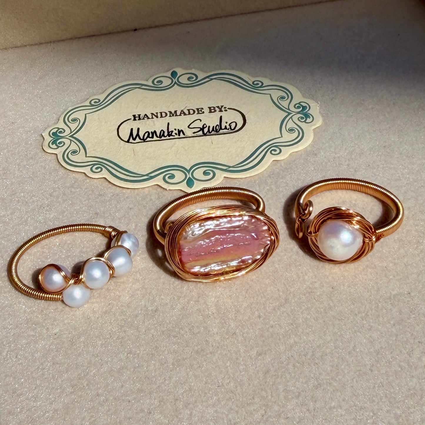 Handcrafted 14K Gold plated Wire Wrapped Ring with Natural Fresh water Baroque Pearls