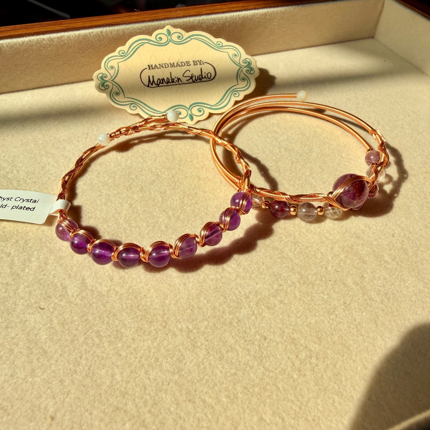 Handmade Natural Amethyst Wire Wrapped Bangle | 14K Gold Plated Gemstone Bracelet