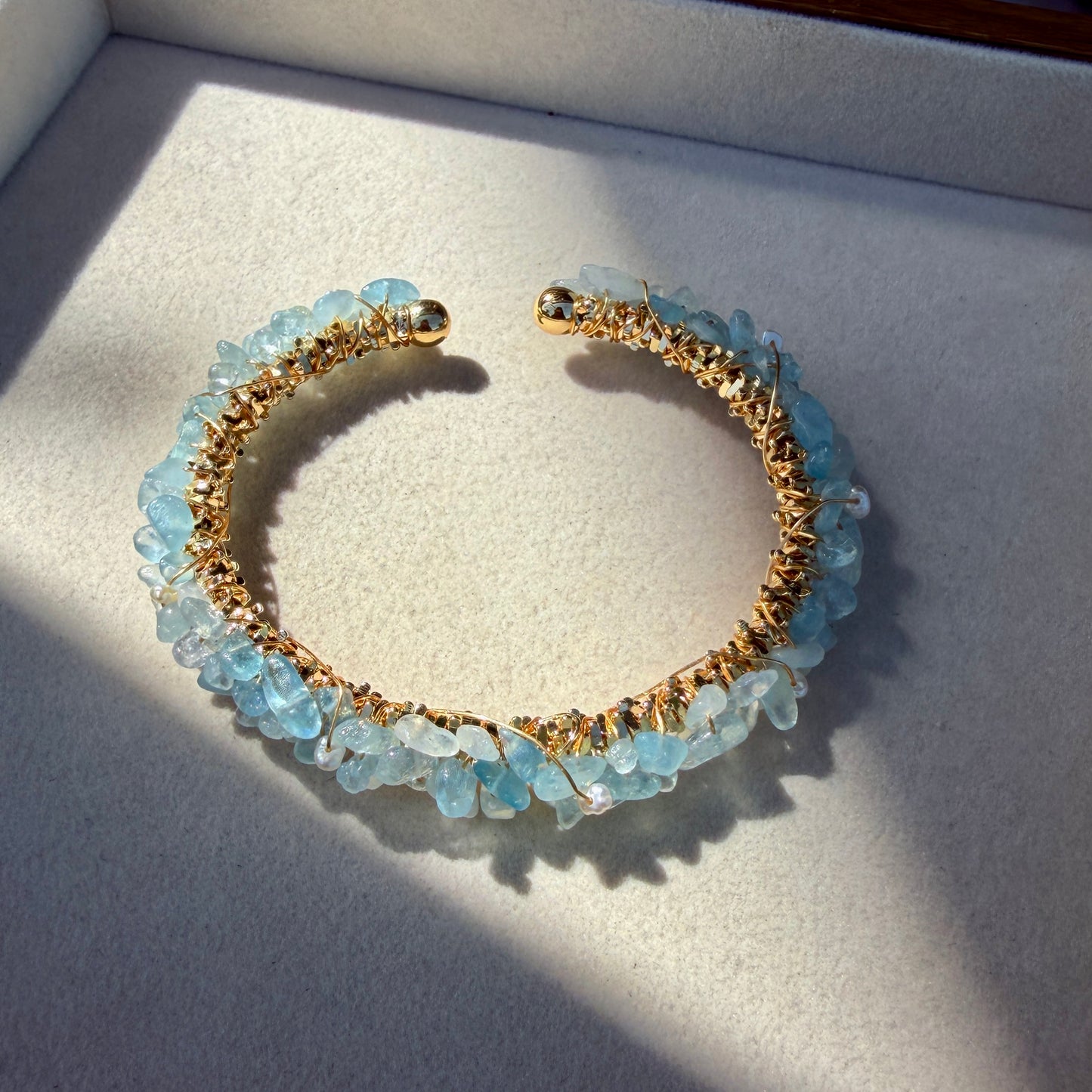 Handmade Aquamarine Wire-Wrapped Cuff Bracelet - 14K Gold Plated