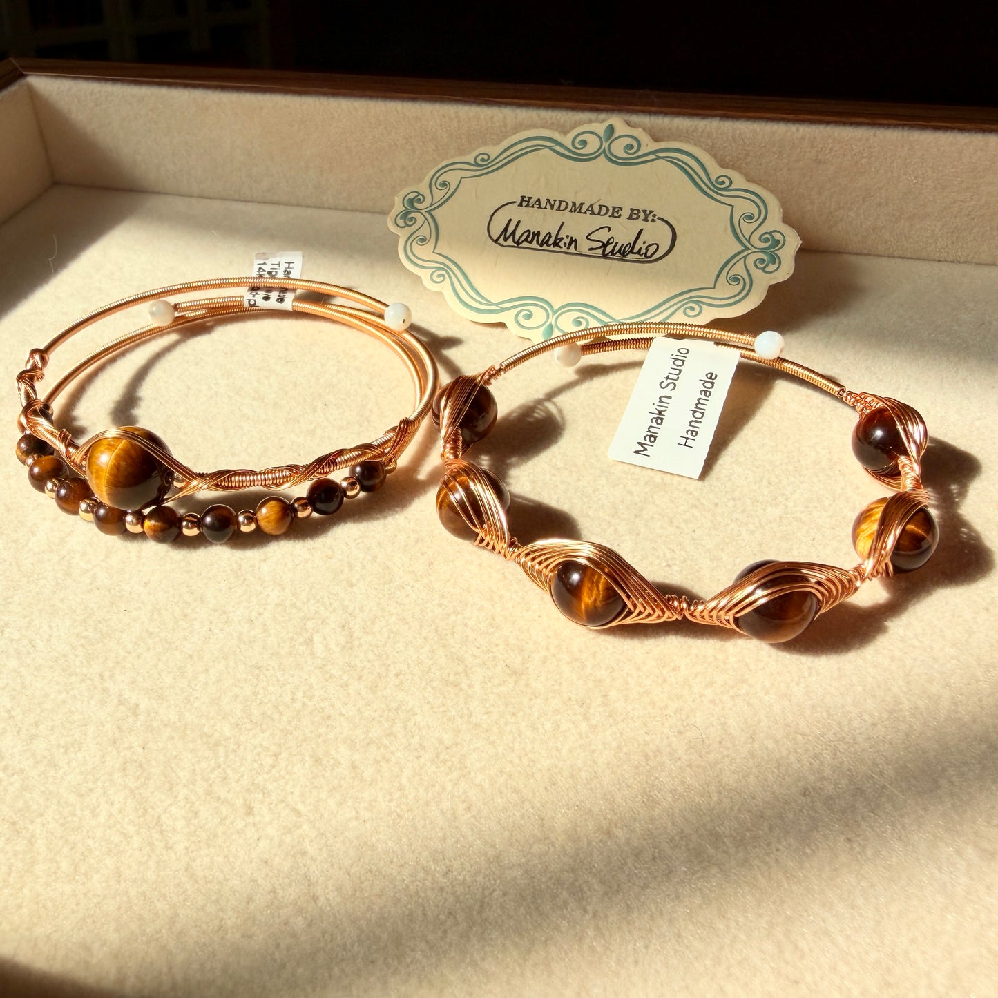 Handmade Natural Tiger Eye Wire Wrapped Bangle | 14K Gold Plated Gemstone Bracelet