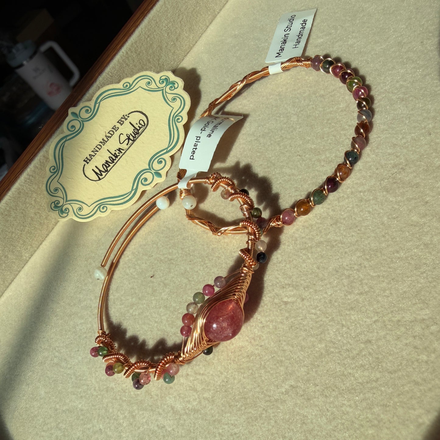 Handmade Natural Tourmaline Wire Wrapped Bangle | 14K Gold Plated Gemstone Bracelet