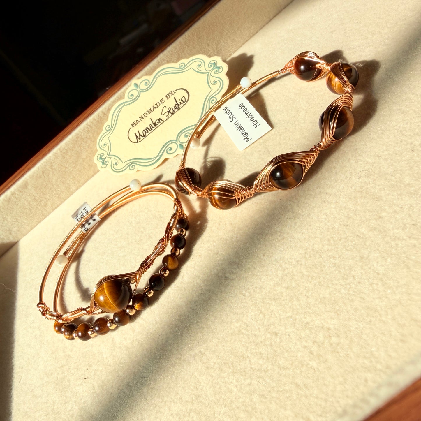 Handmade Natural Tiger Eye Wire Wrapped Bangle | 14K Gold Plated Gemstone Bracelet