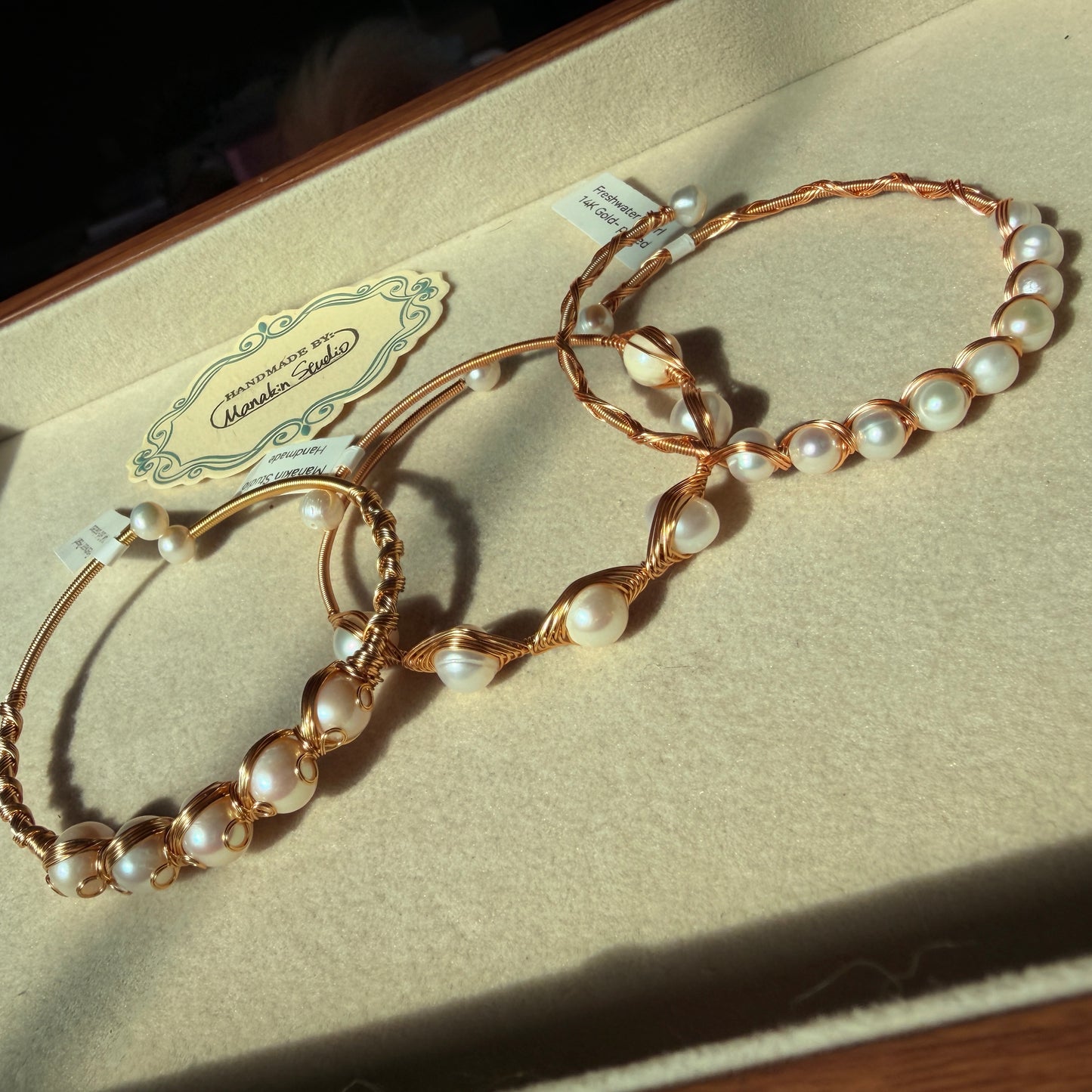Handmade Freshwater Pearl Wire Wrapped Bangle With 14K Gold Plated Bracelet