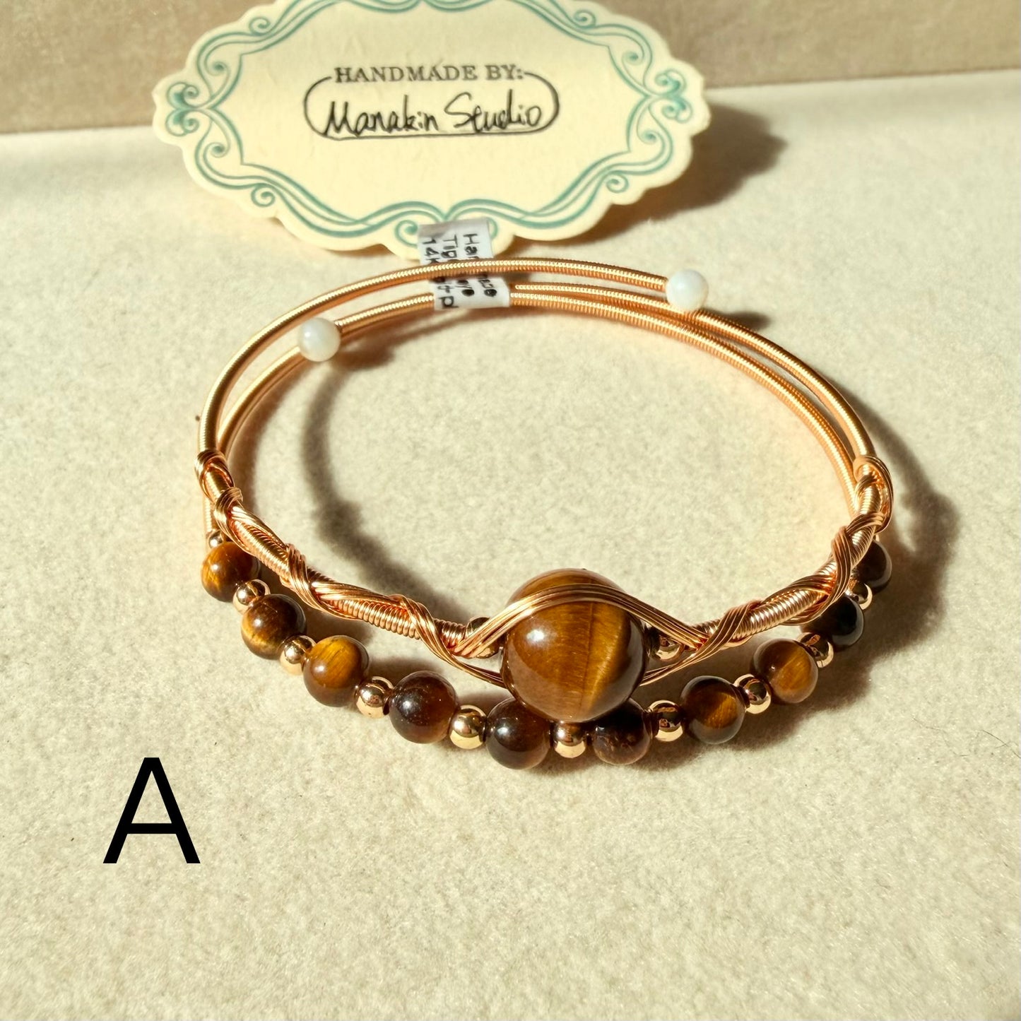 Handmade Natural Tiger Eye Wire Wrapped Bangle | 14K Gold Plated Gemstone Bracelet