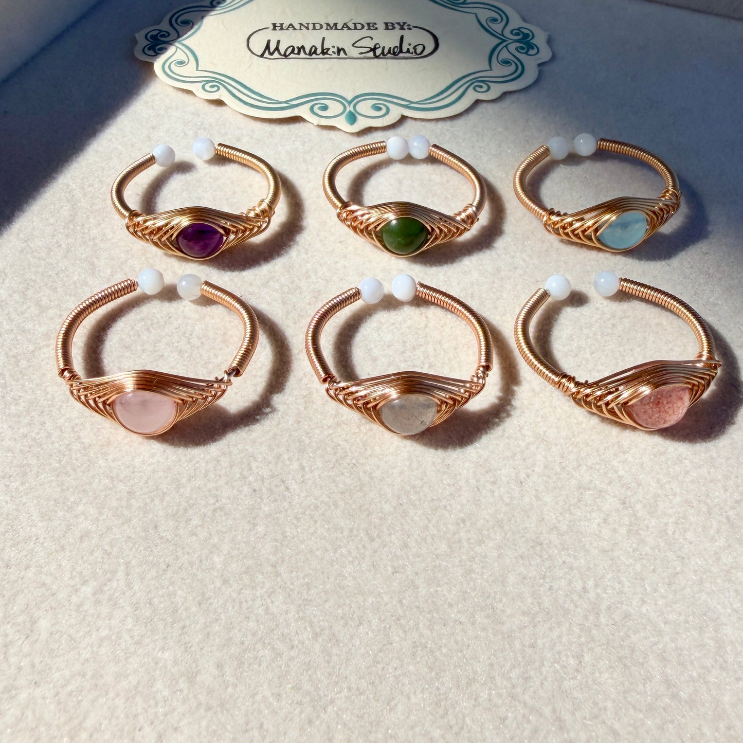 Handcrafted 14K Gold plated Wire Wrapped Ring with Natural Gemstones