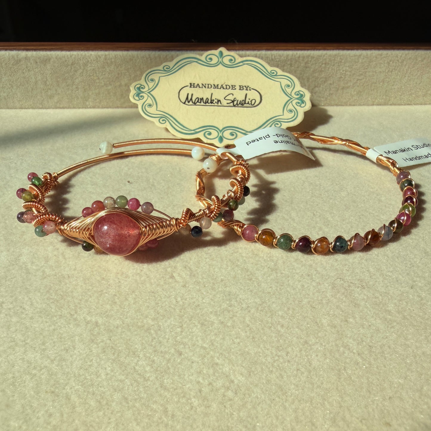 Handmade Natural Tourmaline Wire Wrapped Bangle | 14K Gold Plated Gemstone Bracelet