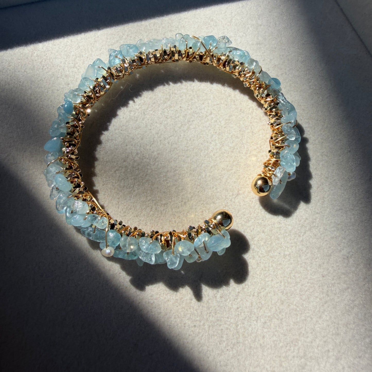 Handmade Aquamarine Wire-Wrapped Cuff Bracelet - 14K Gold Plated
