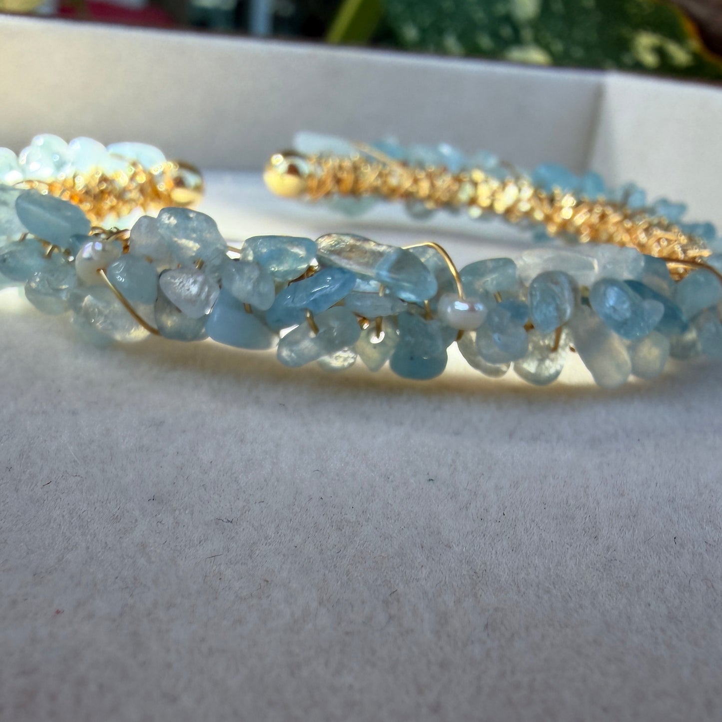 Handmade Aquamarine Wire-Wrapped Cuff Bracelet - 14K Gold Plated