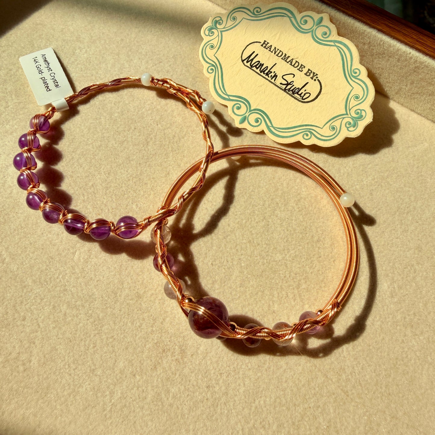 Handmade Natural Amethyst Wire Wrapped Bangle | 14K Gold Plated Gemstone Bracelet