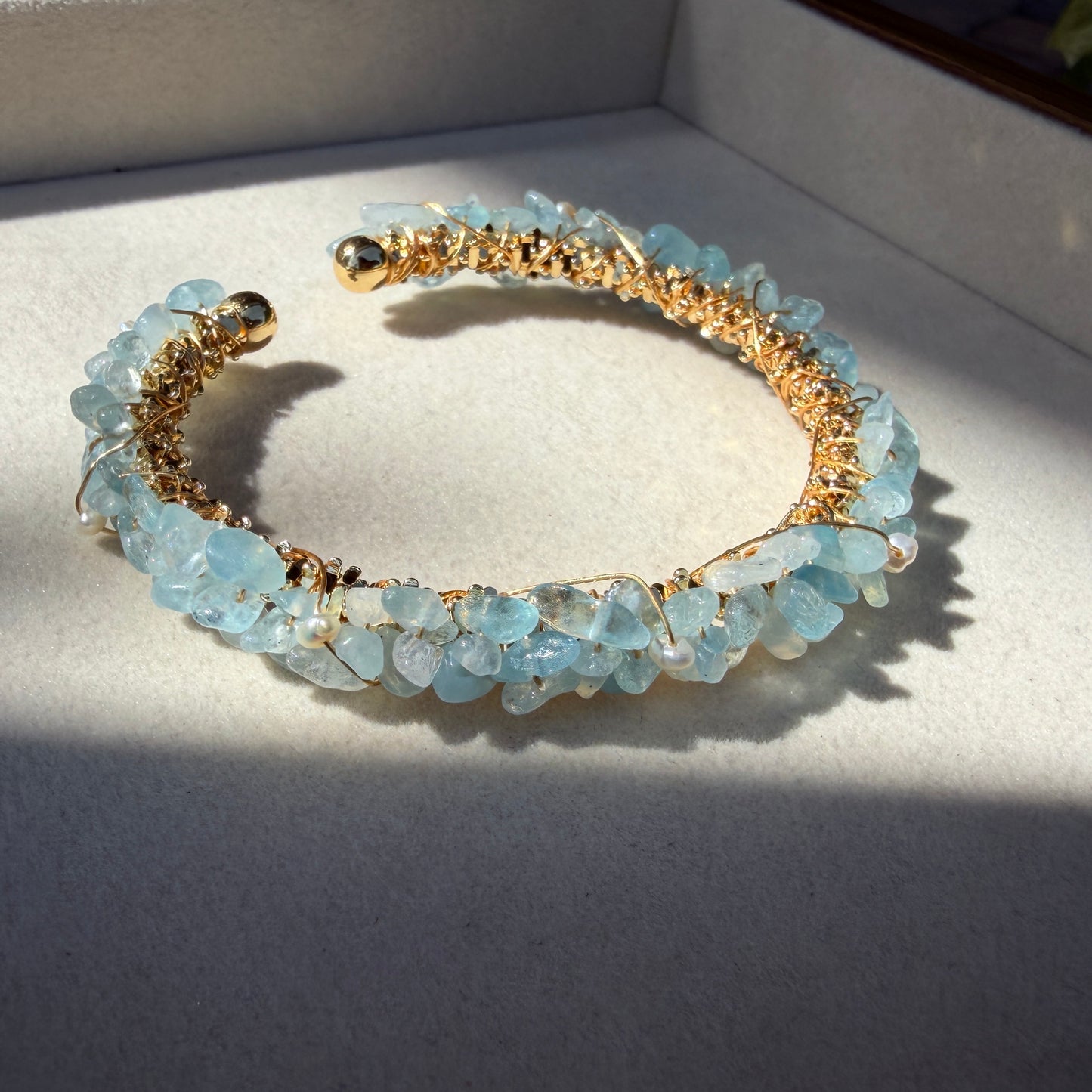 Handmade Aquamarine Wire-Wrapped Cuff Bracelet - 14K Gold Plated
