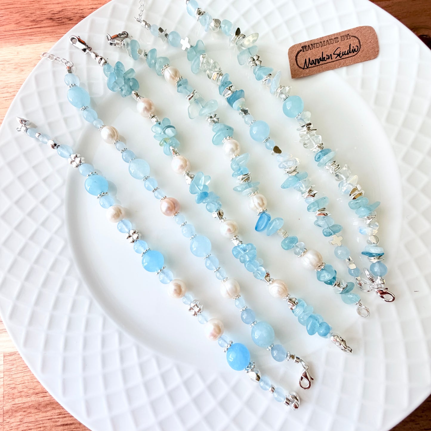 Handmade Natural Aquamarine Bracelet with Freshwater Baroque Pearls, Silver-Plated  Gemstone Beaded Bracelet