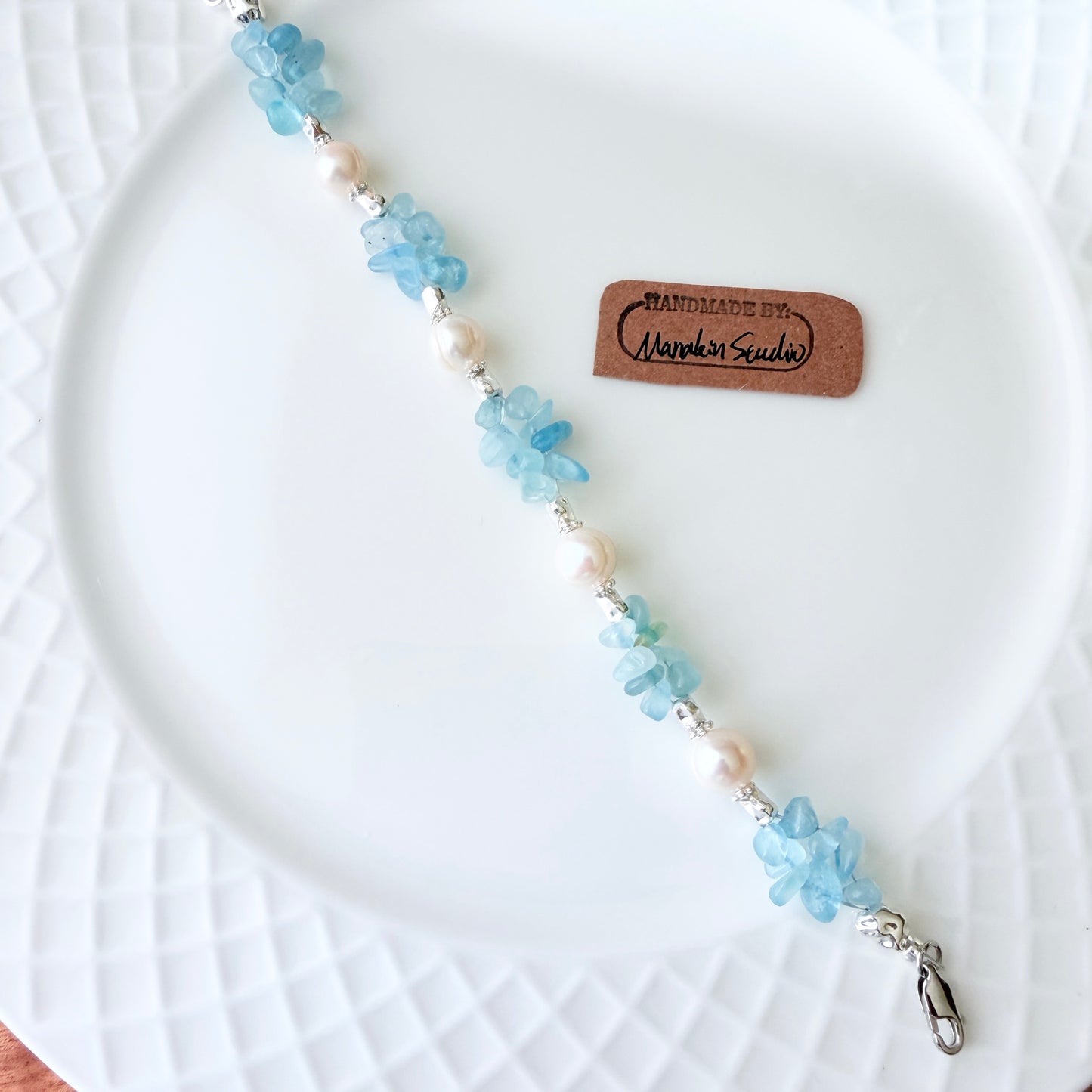 Handmade Natural Aquamarine Bracelet with Freshwater Baroque Pearls, Silver-Plated  Gemstone Beaded Bracelet