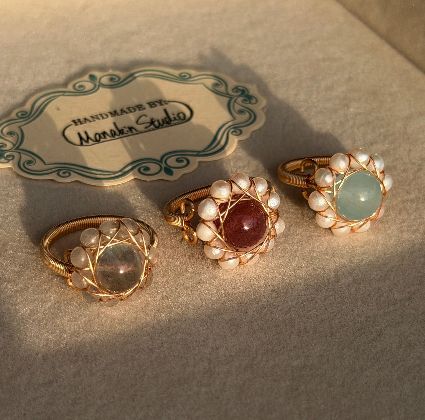 Handcrafted 14K Gold plated Wire Wrapped Ring with Natural Gemstones
