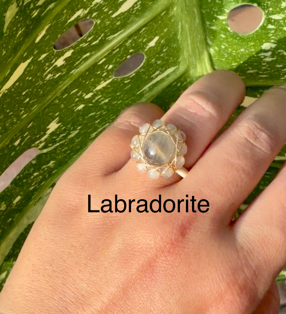 Handcrafted 14K Gold plated Wire Wrapped Ring with Natural Gemstones