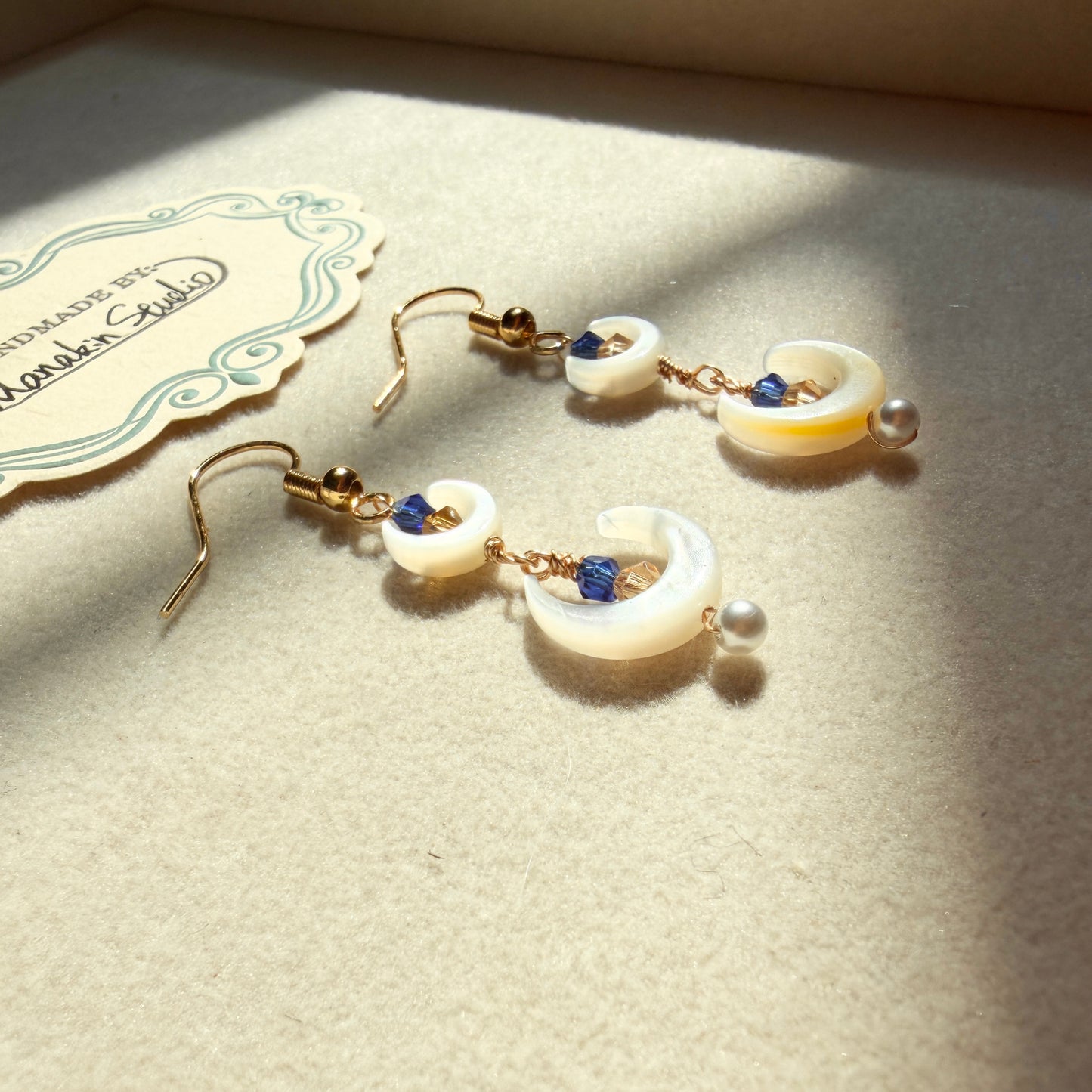 Handmade Mother of Pearl Crescent Moon Dangle Earrings