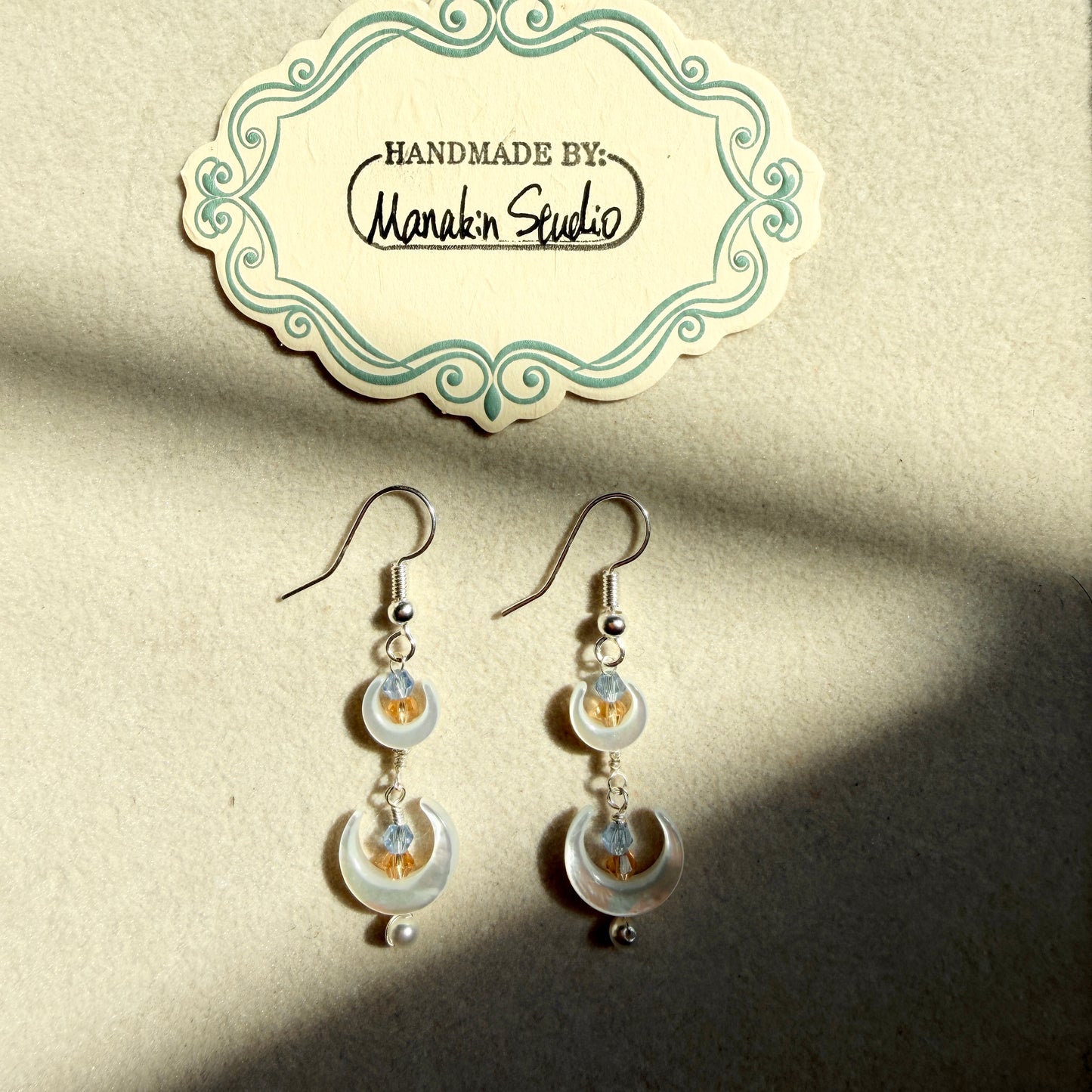 Handmade Mother of Pearl Crescent Moon Dangle Earrings