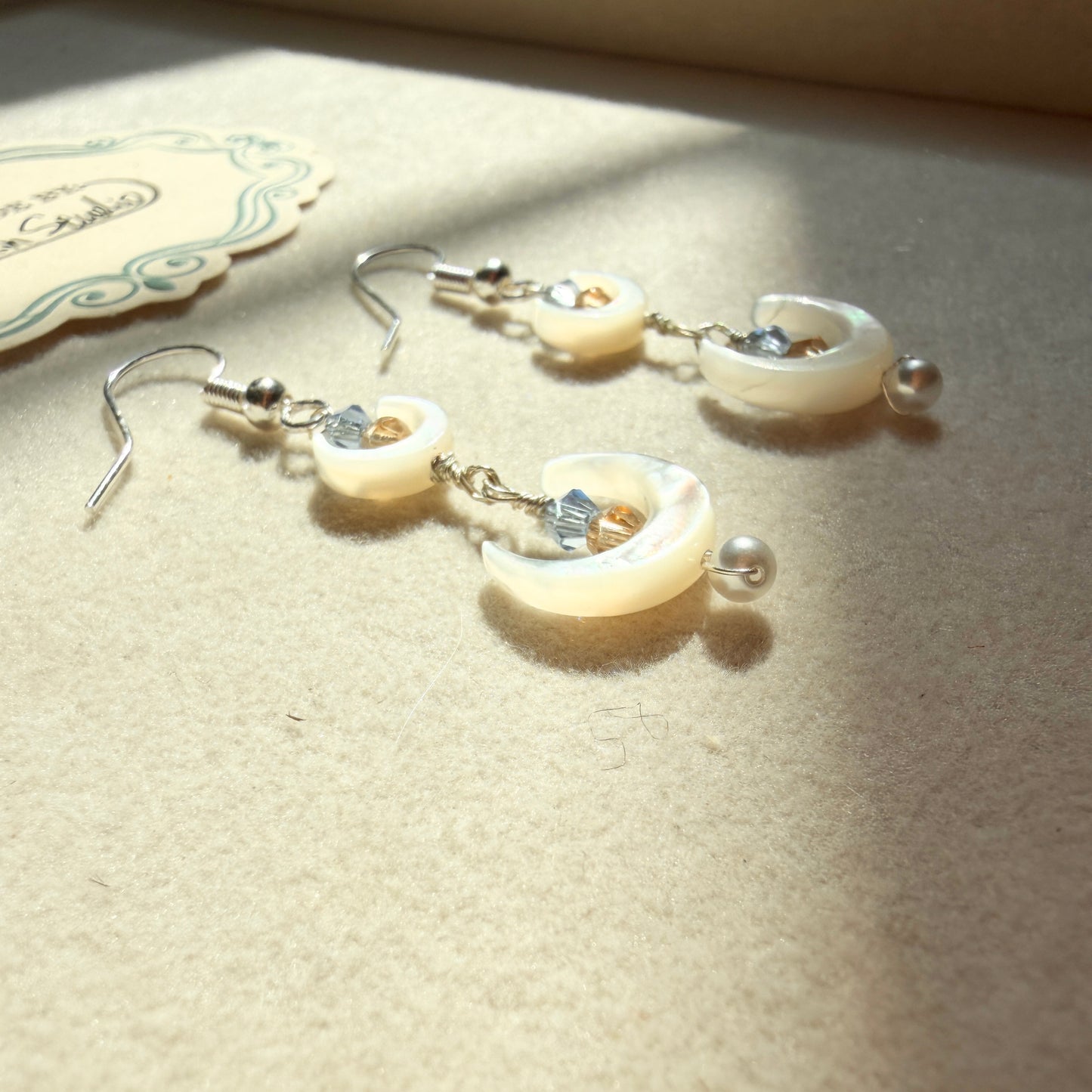 Handmade Mother of Pearl Crescent Moon Dangle Earrings