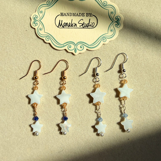 Handmade Mother of Pearl Crescent Star Dangle Earrings
