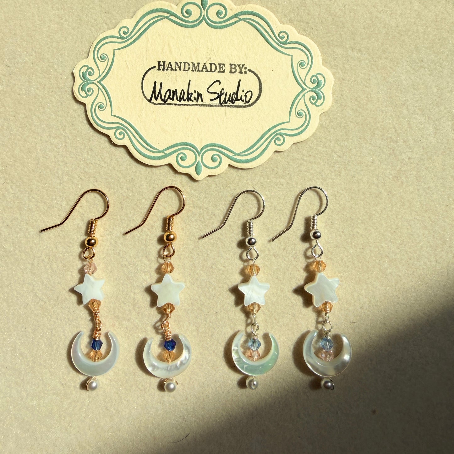 Handmade Mother of Pearl Crescent Moon & Star Dangle Earrings