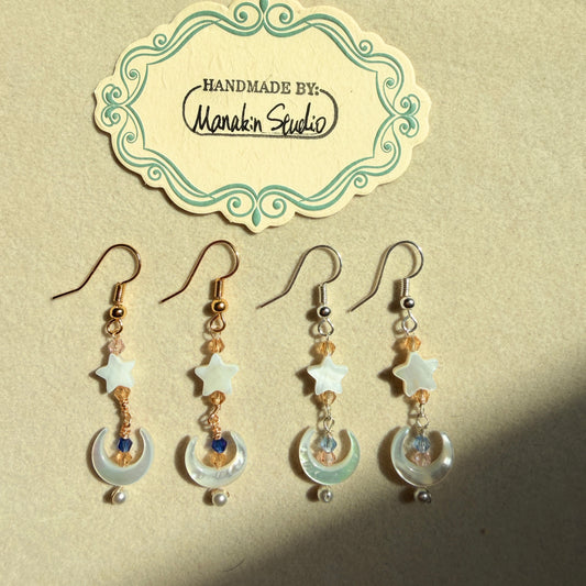 Handmade Mother of Pearl Crescent Moon & Star Dangle Earrings