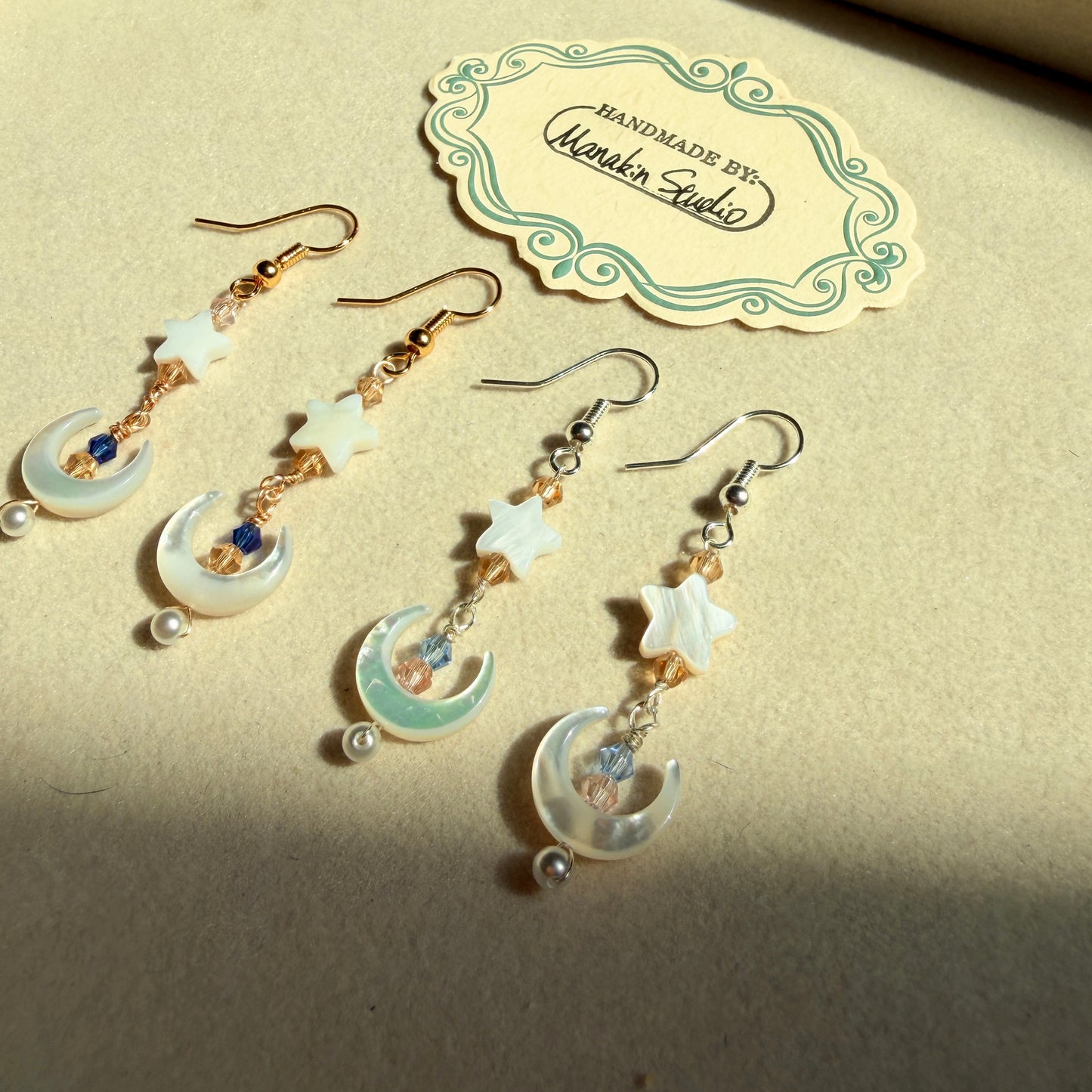 Handmade Mother of Pearl Crescent Moon & Star Dangle Earrings