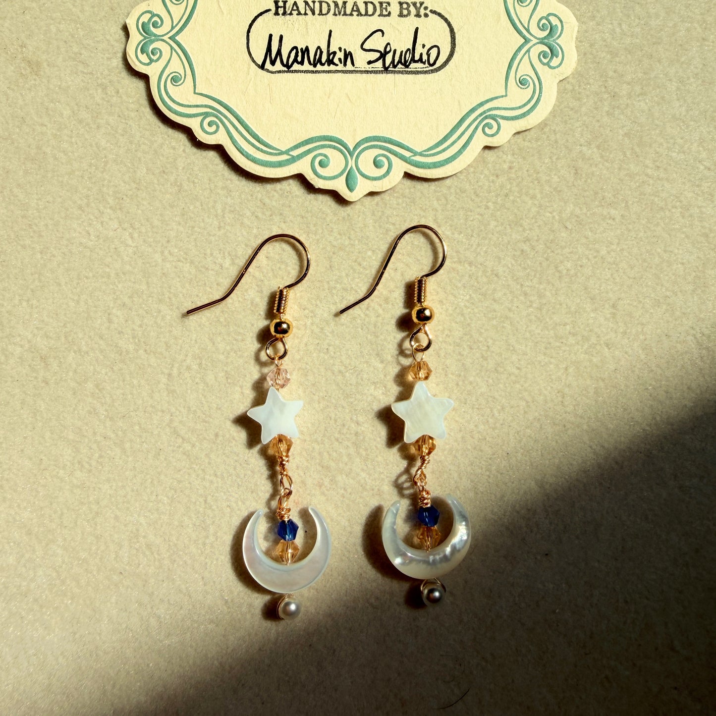 Handmade Mother of Pearl Crescent Moon & Star Dangle Earrings