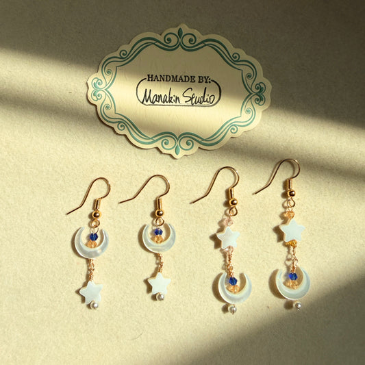 Handmade Mother of Pearl Crescent Moon & Star Dangle Earrings