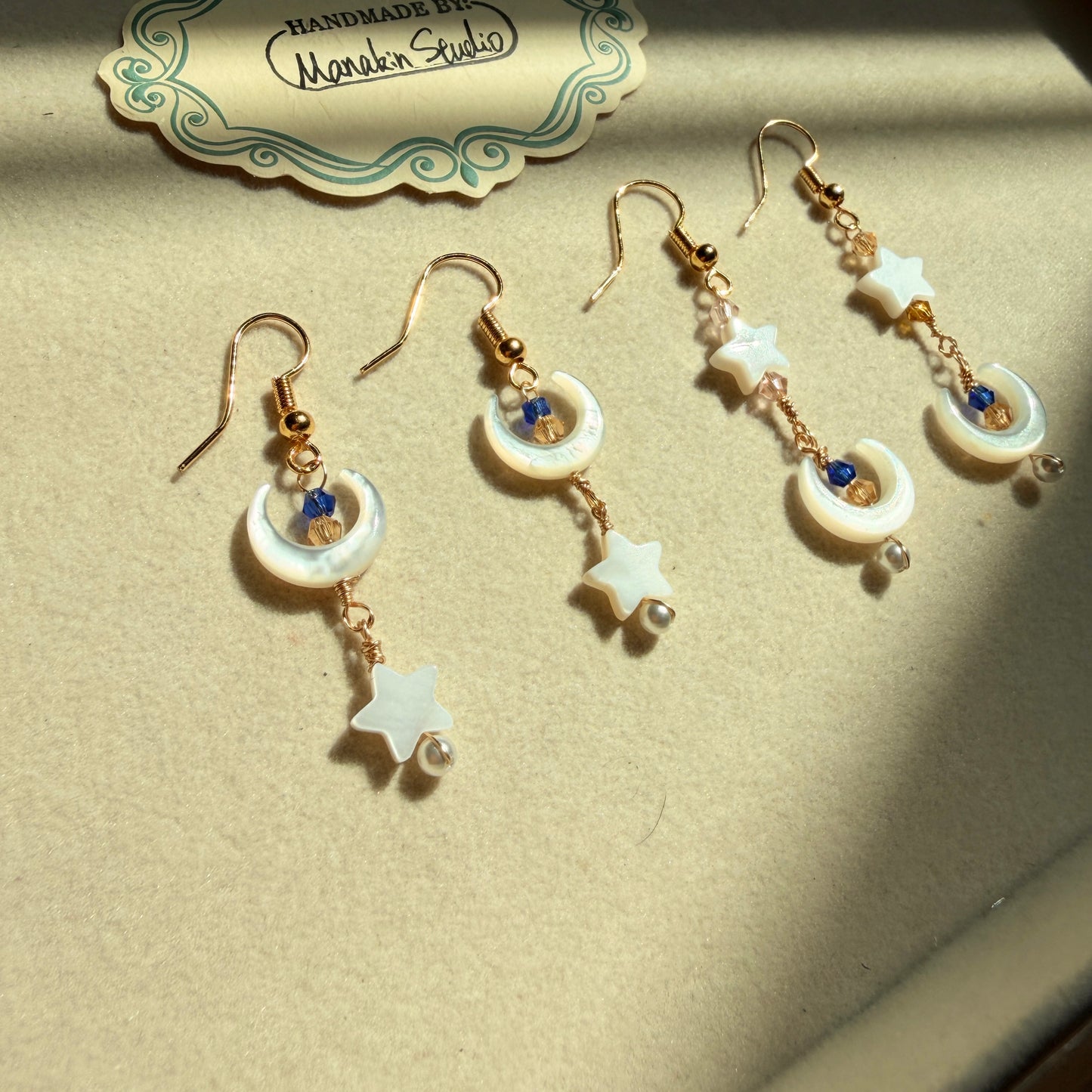 Handmade Mother of Pearl Crescent Moon & Star Dangle Earrings