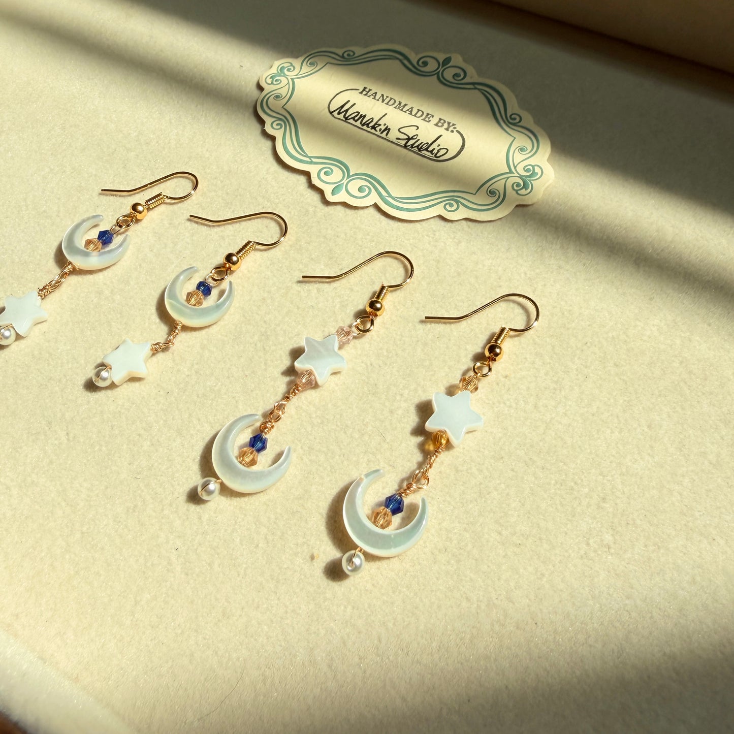 Handmade Mother of Pearl Crescent Moon & Star Dangle Earrings