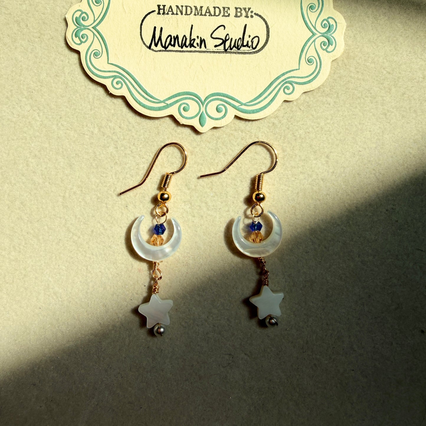 Handmade Mother of Pearl Crescent Moon & Star Dangle Earrings