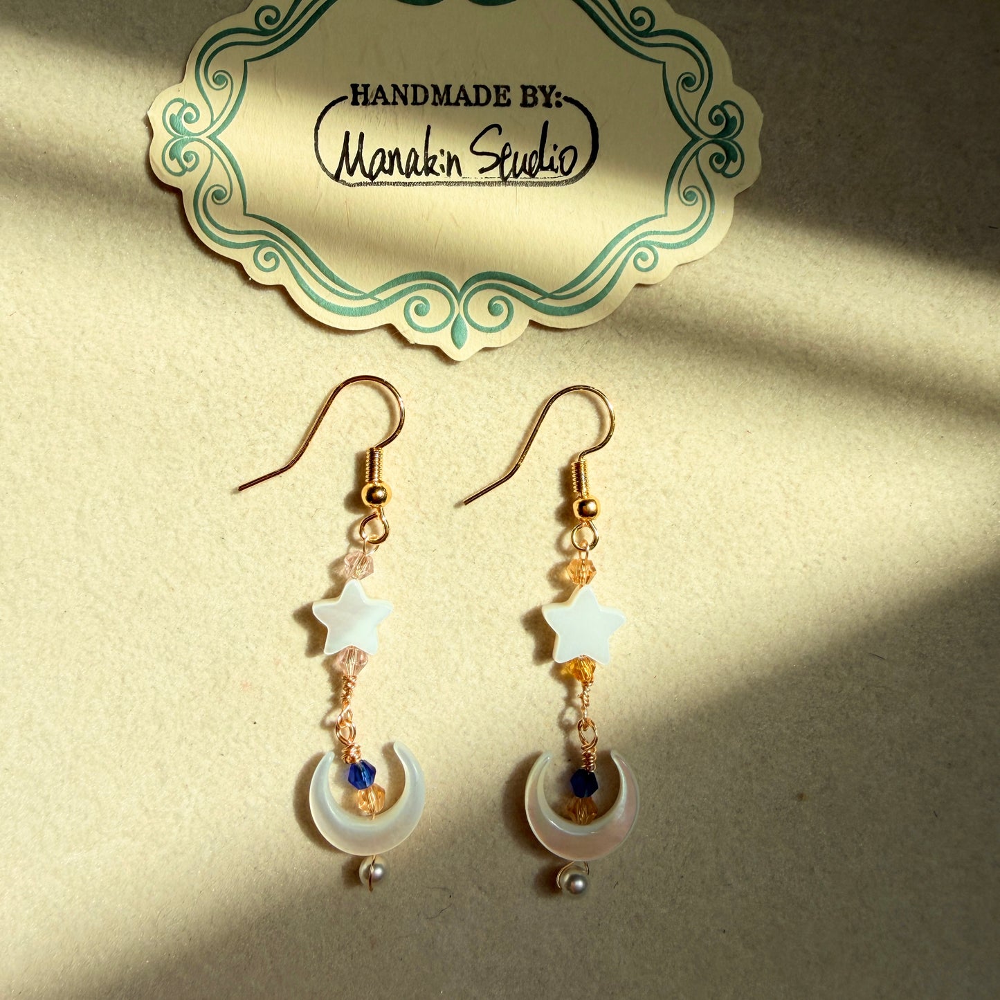 Handmade Mother of Pearl Crescent Moon & Star Dangle Earrings