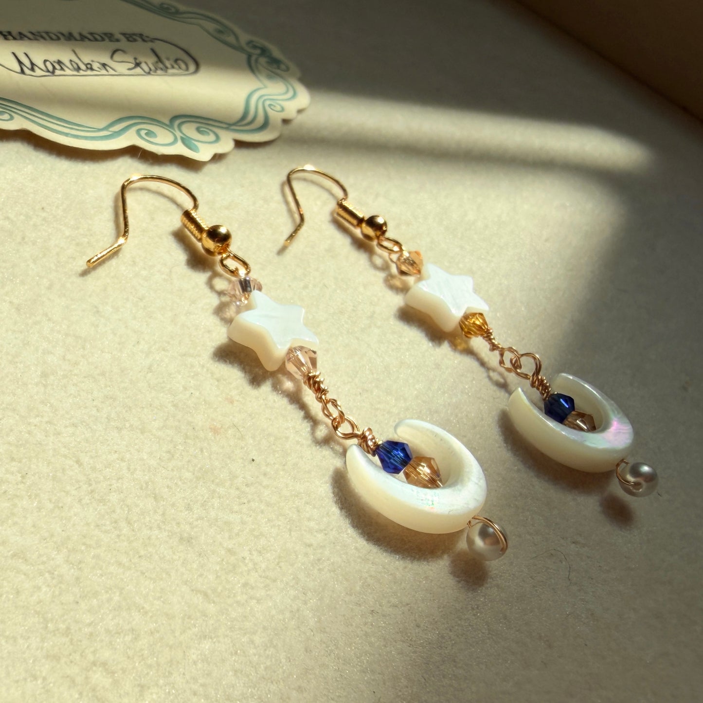 Handmade Mother of Pearl Crescent Moon & Star Dangle Earrings
