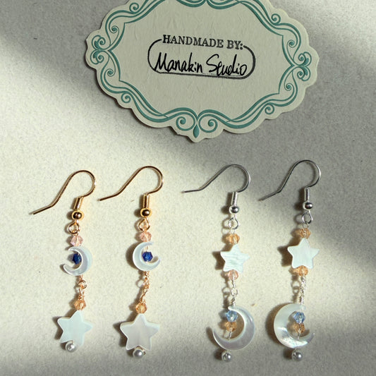 Handmade Mother of Pearl Crescent Moon & Star Dangle Earrings