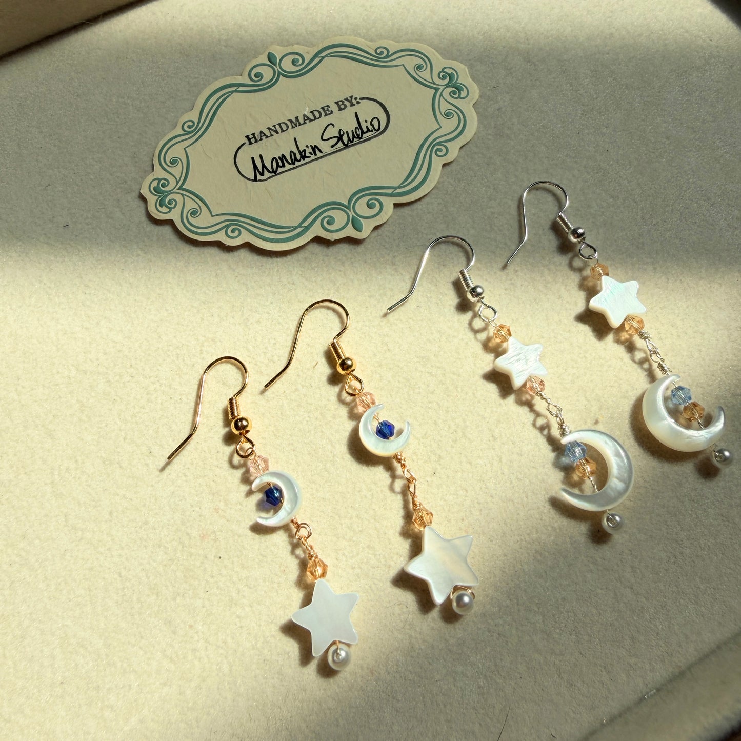 Handmade Mother of Pearl Crescent Moon & Star Dangle Earrings