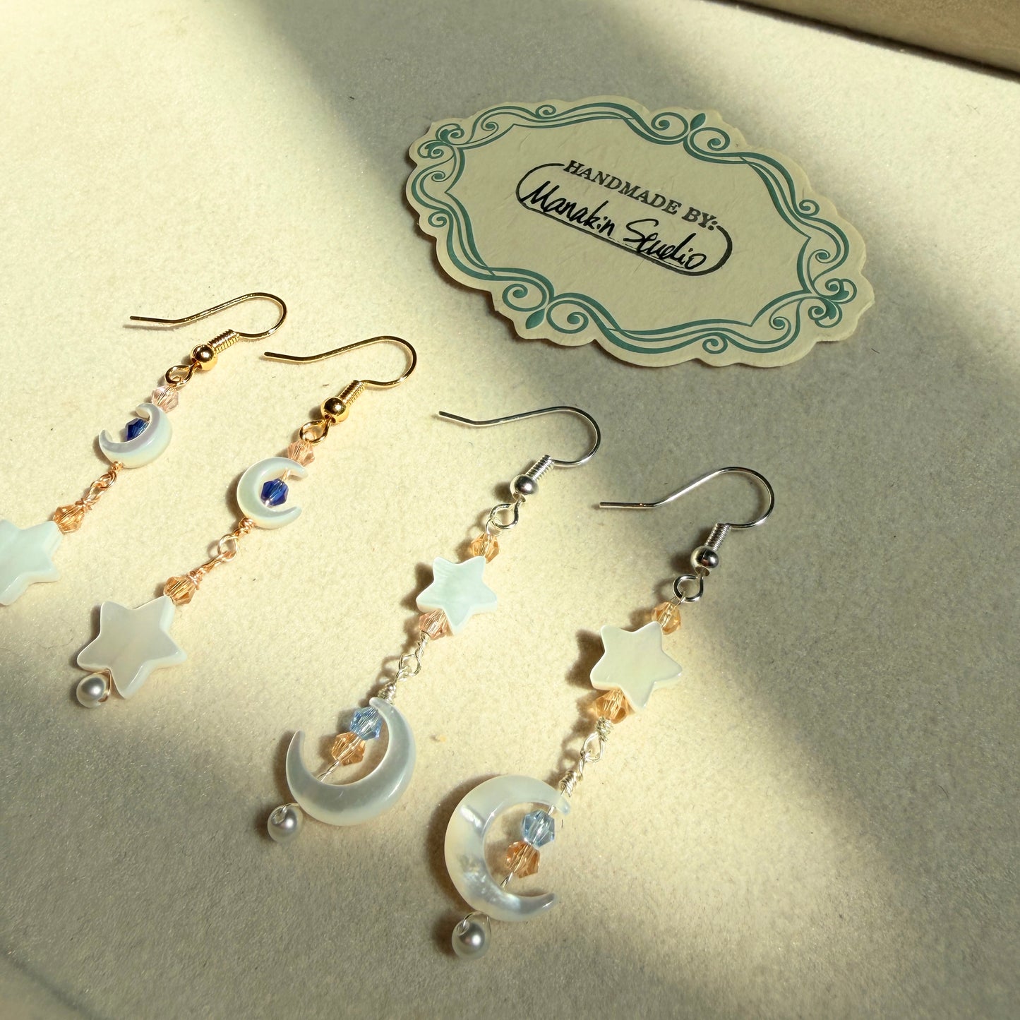 Handmade Mother of Pearl Crescent Moon & Star Dangle Earrings